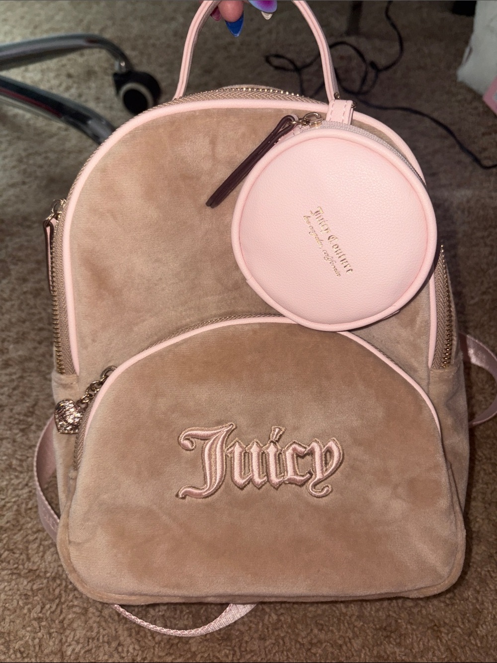 Juicy Couture Pink Trim Tan Velvet Mini Backpack with Coin Pouch